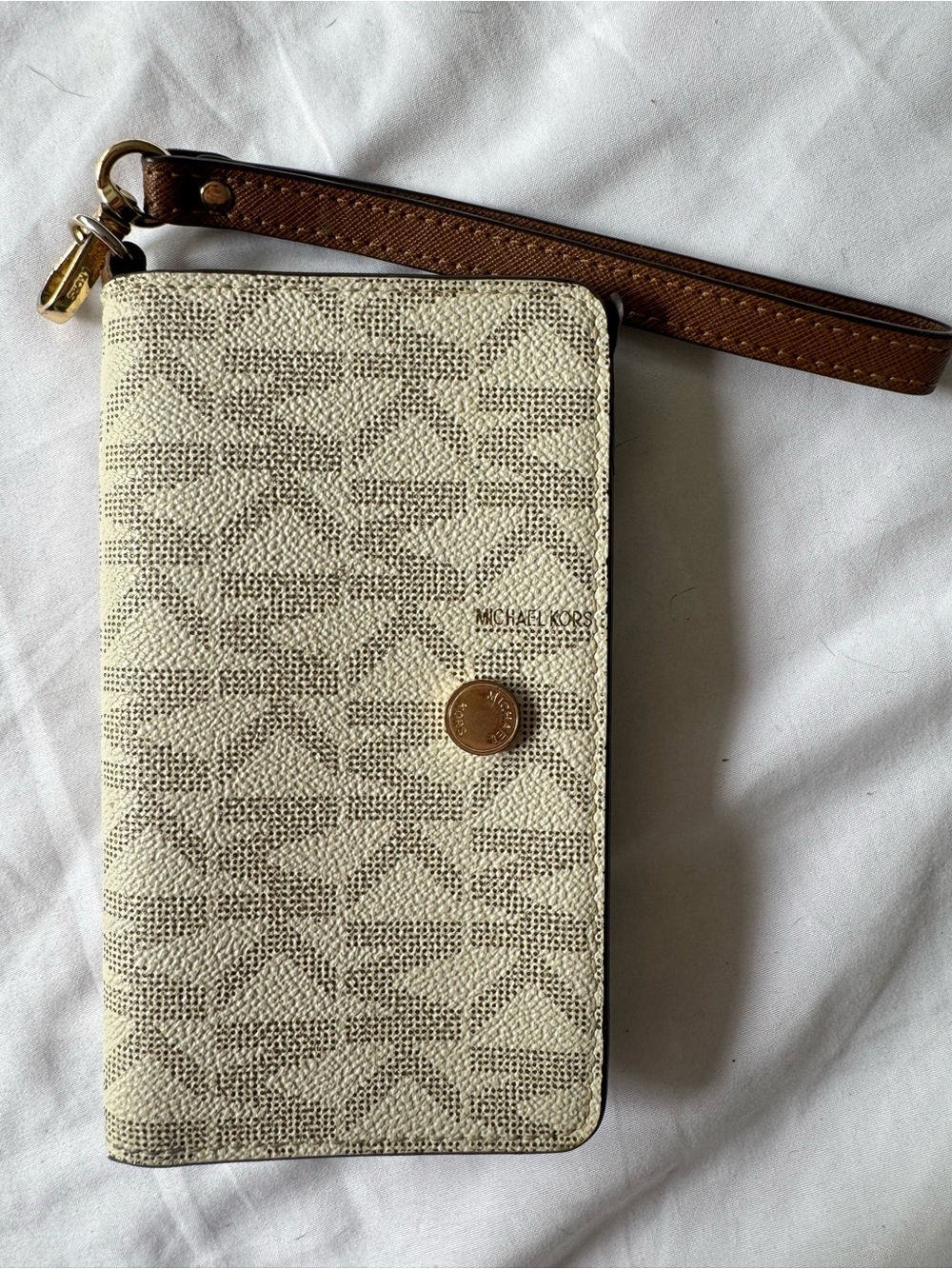 Michael Kors Cream and Brown Monogram Wristlet Wallet/Phone case